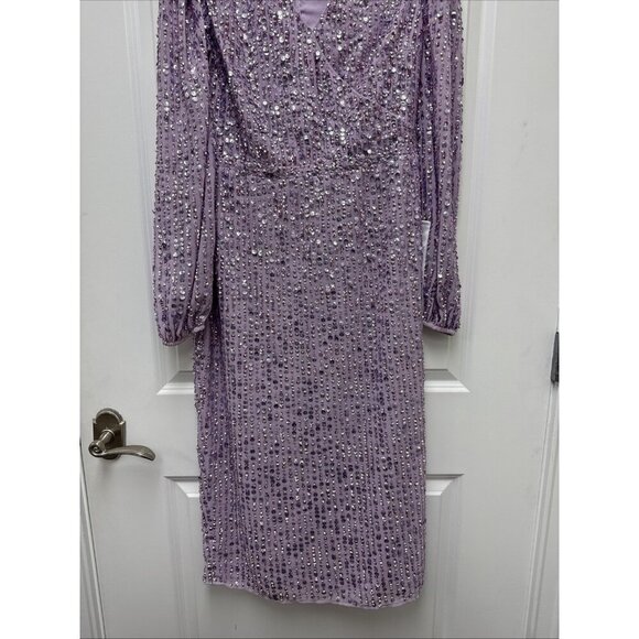 Mac Duggal Size 8 Purple 107641 Sequined Puff Sleeve V Neck Midi Cocktail Dress - Picture 8 of 12